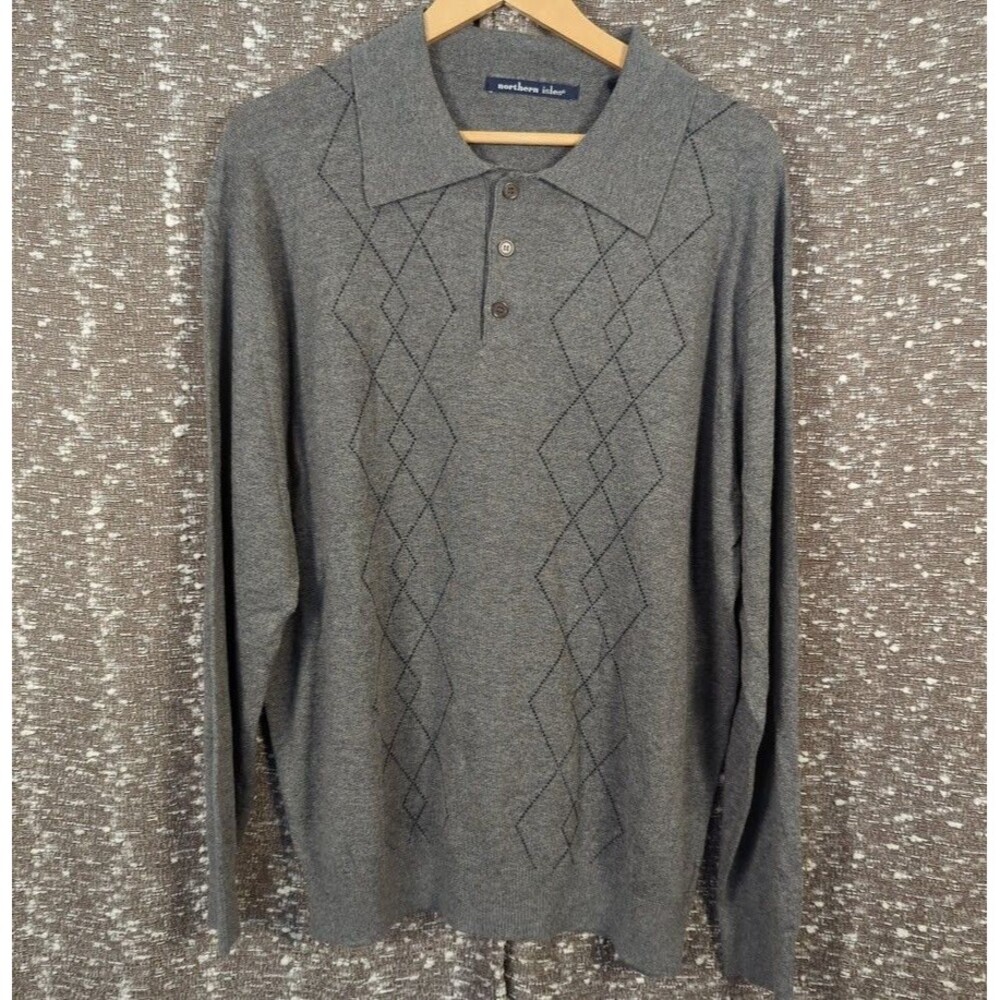 Northern Isles Gray Collared Geometric Pullover‎ Silk Sweater Men's Large